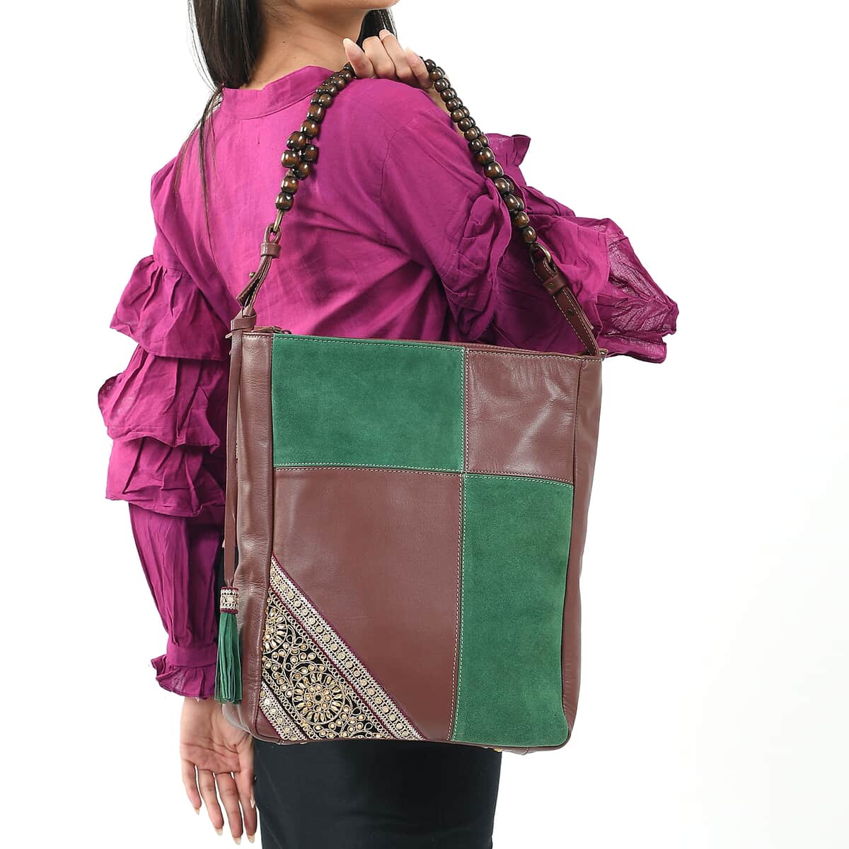 "100% Genuine leather embellishment tote bag SIZE: 11.42(L)x3.94(W)x14.56(H) inches COLOR: Brown/Green" image number 1