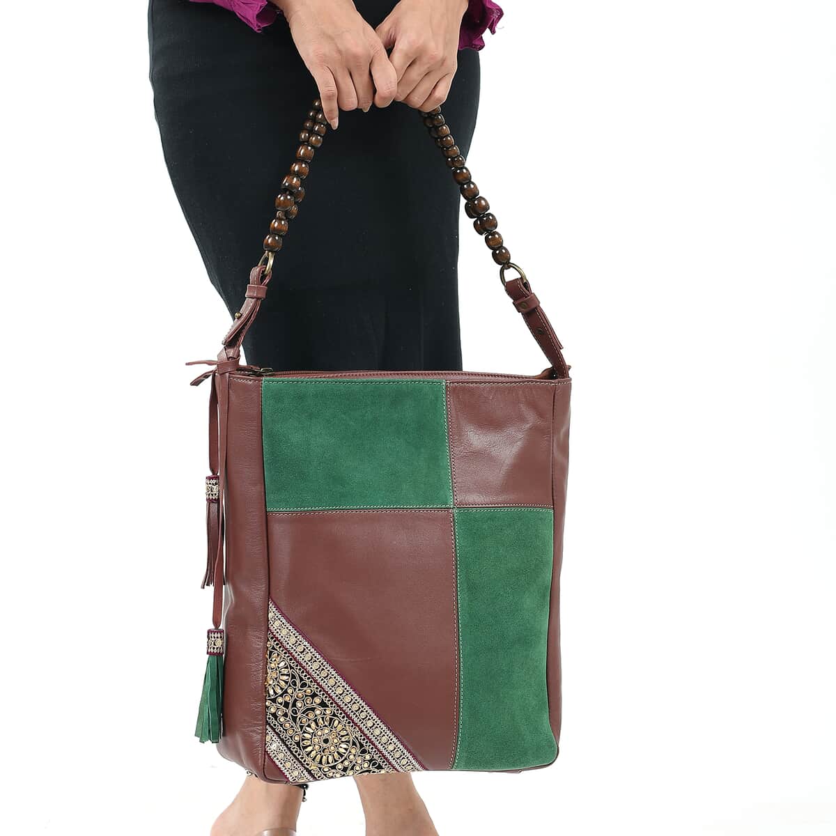 "100% Genuine leather embellishment tote bag SIZE: 11.42(L)x3.94(W)x14.56(H) inches COLOR: Brown/Green" image number 2