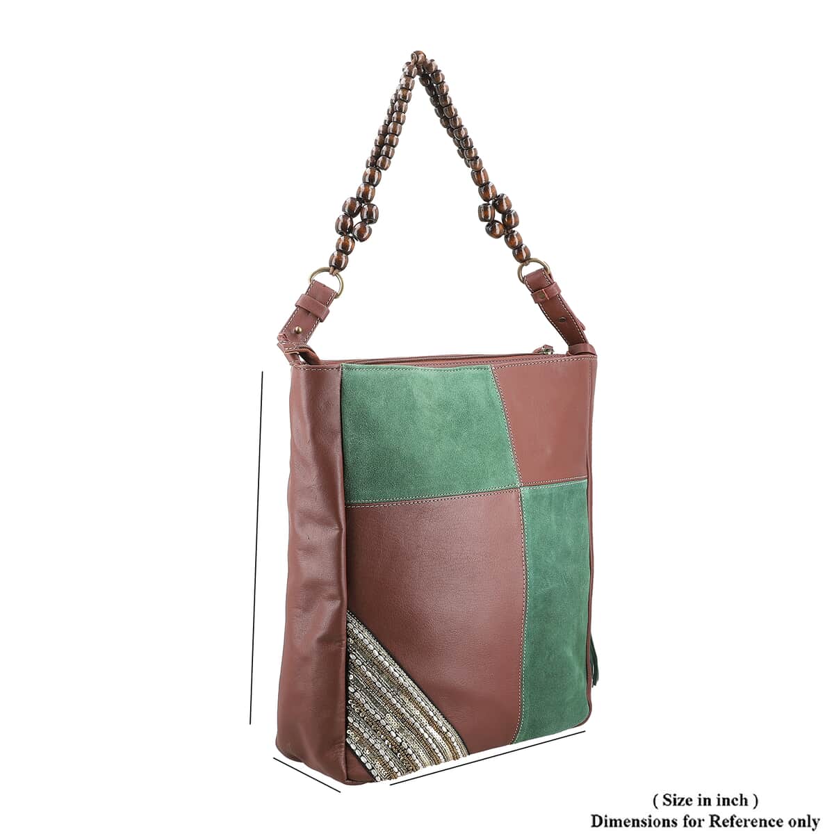 "100% Genuine leather embellishment tote bag SIZE: 11.42(L)x3.94(W)x14.56(H) inches COLOR: Brown/Green" image number 3