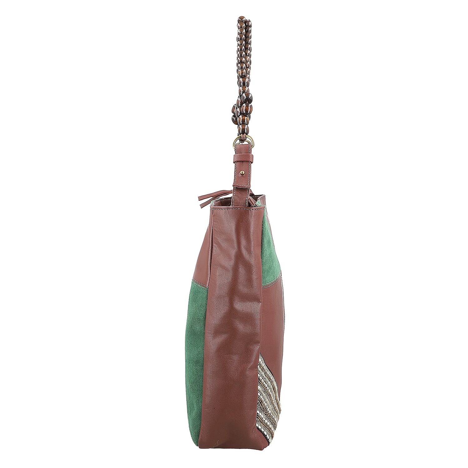 Brown and Green Genuine Leather Embellishment Tote Bag