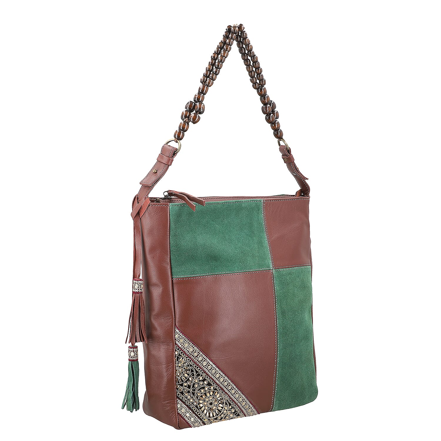 Brown and Green Genuine Leather Embellishment Tote Bag