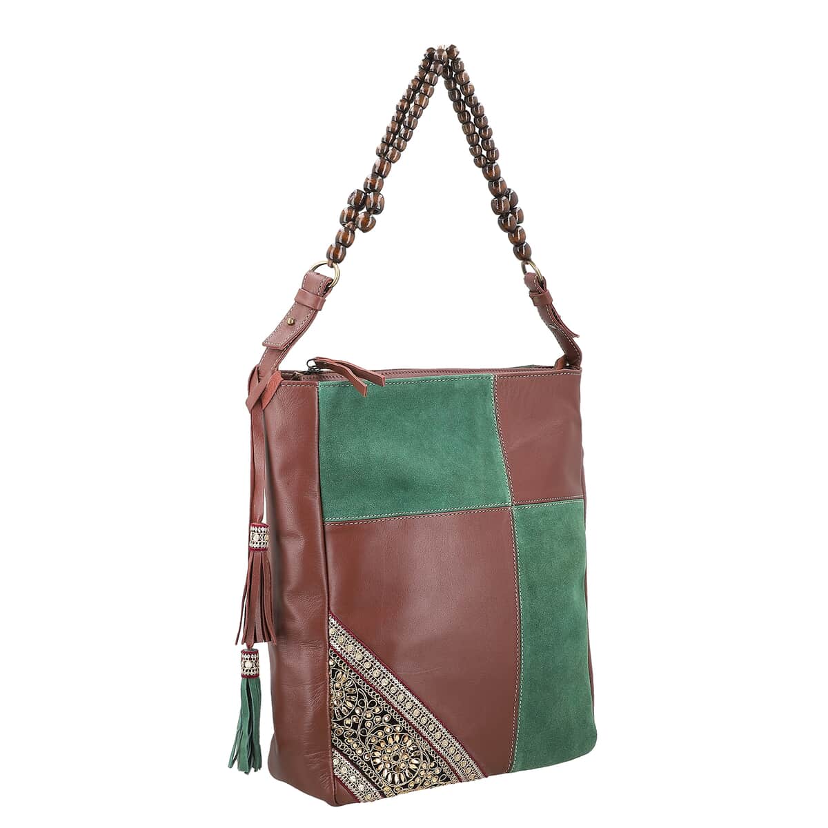 "100% Genuine leather embellishment tote bag SIZE: 11.42(L)x3.94(W)x14.56(H) inches COLOR: Brown/Green" image number 5