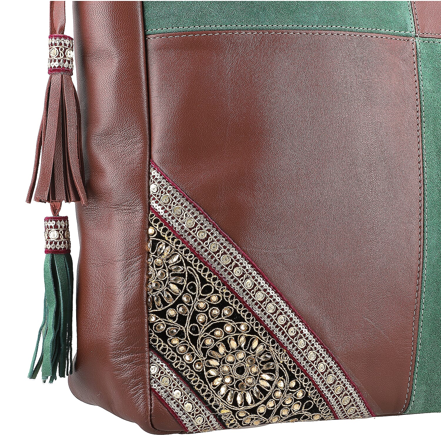 Brown and Green Genuine Leather Embellishment Tote Bag