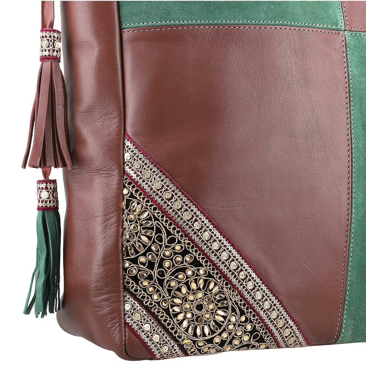 "100% Genuine leather embellishment tote bag SIZE: 11.42(L)x3.94(W)x14.56(H) inches COLOR: Brown/Green" image number 7