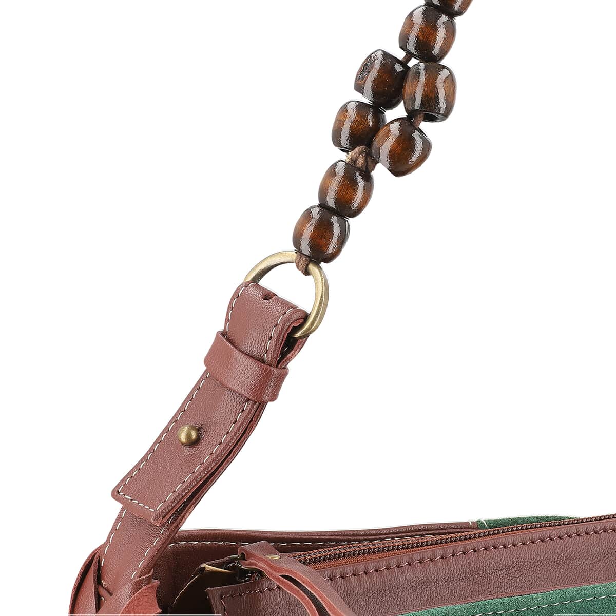 "100% Genuine leather embellishment tote bag SIZE: 11.42(L)x3.94(W)x14.56(H) inches COLOR: Brown/Green" image number 9