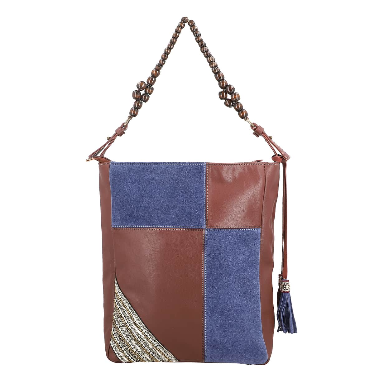 Brown and Blue Genuine Leather Embellishment Tote Bag image number 0