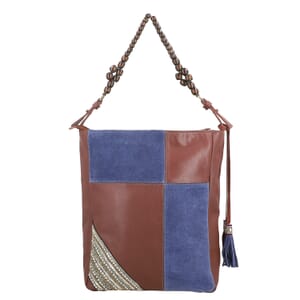 Brown and Blue Genuine Leather Embellishment Tote Bag