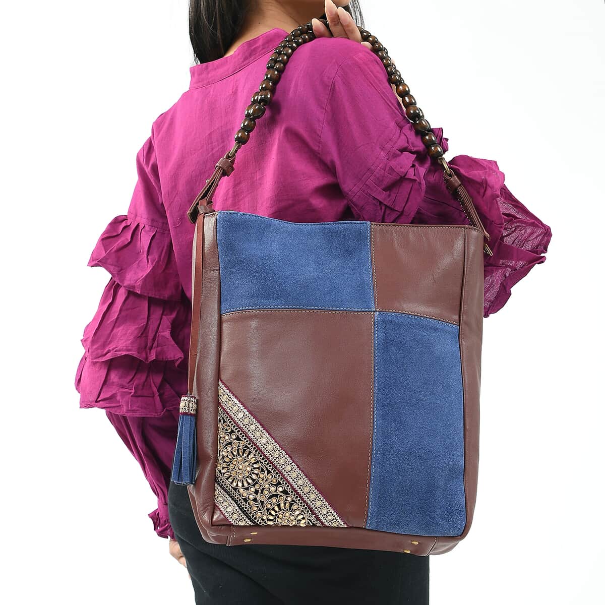 Brown and Blue Genuine Leather Embellishment Tote Bag image number 1