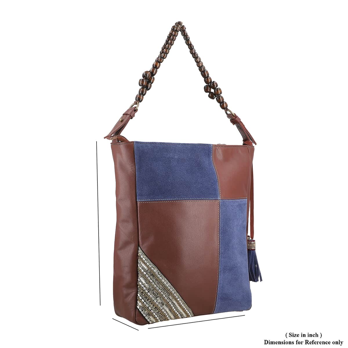 Brown and Blue Genuine Leather Embellishment Tote Bag image number 3