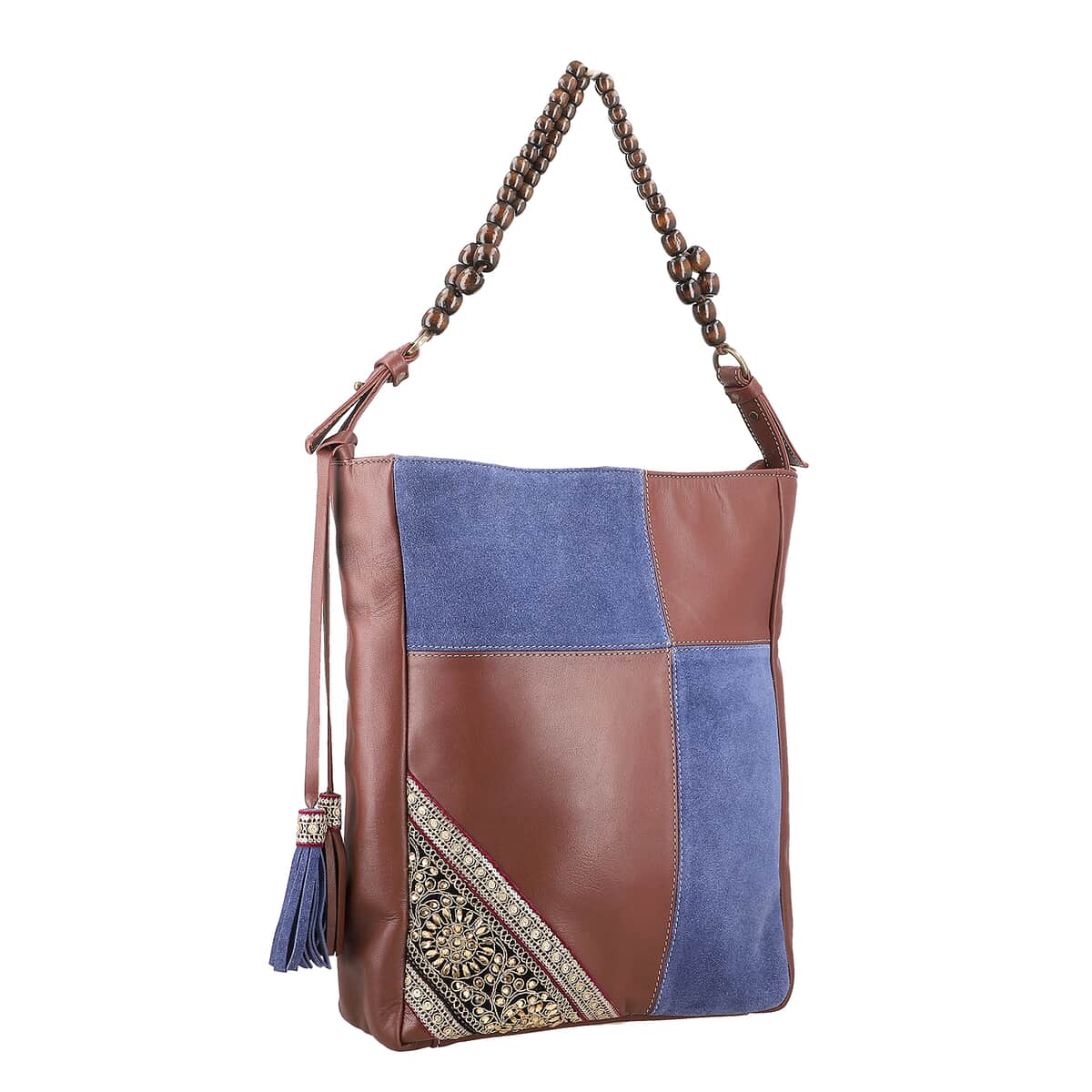 Brown and Blue Genuine Leather Embellishment Tote Bag image number 5