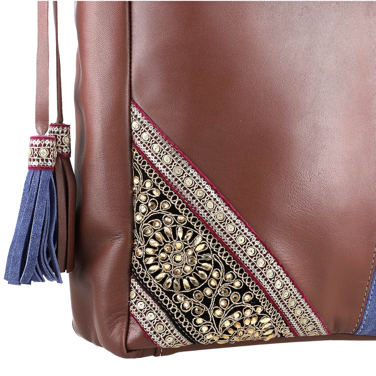 Brown and Blue Genuine Leather Embellishment Tote Bag image number 7