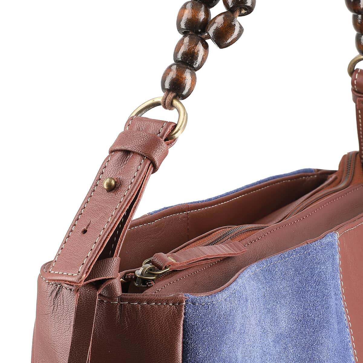 Brown and Blue Genuine Leather Embellishment Tote Bag image number 9