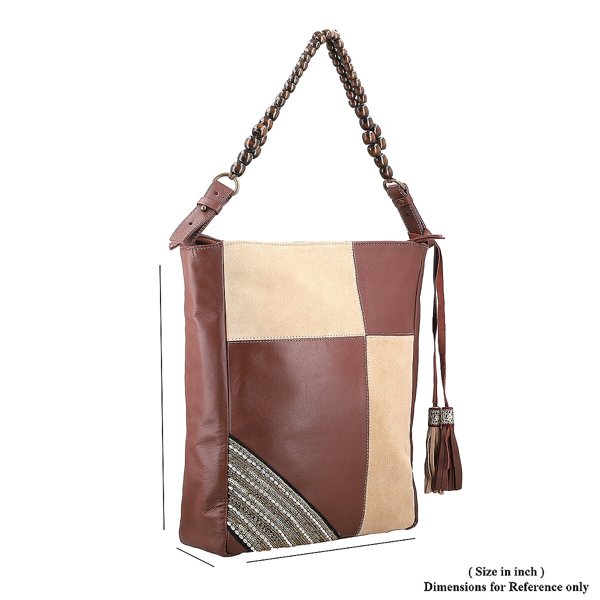 Beige and Mustard Genuine Leather Embellishment Tote Bag image number 3