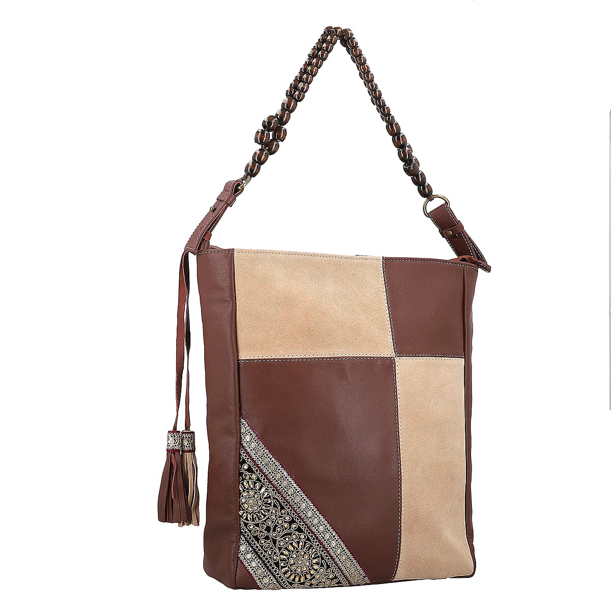 Beige and Mustard Genuine Leather Embellishment Tote Bag image number 5