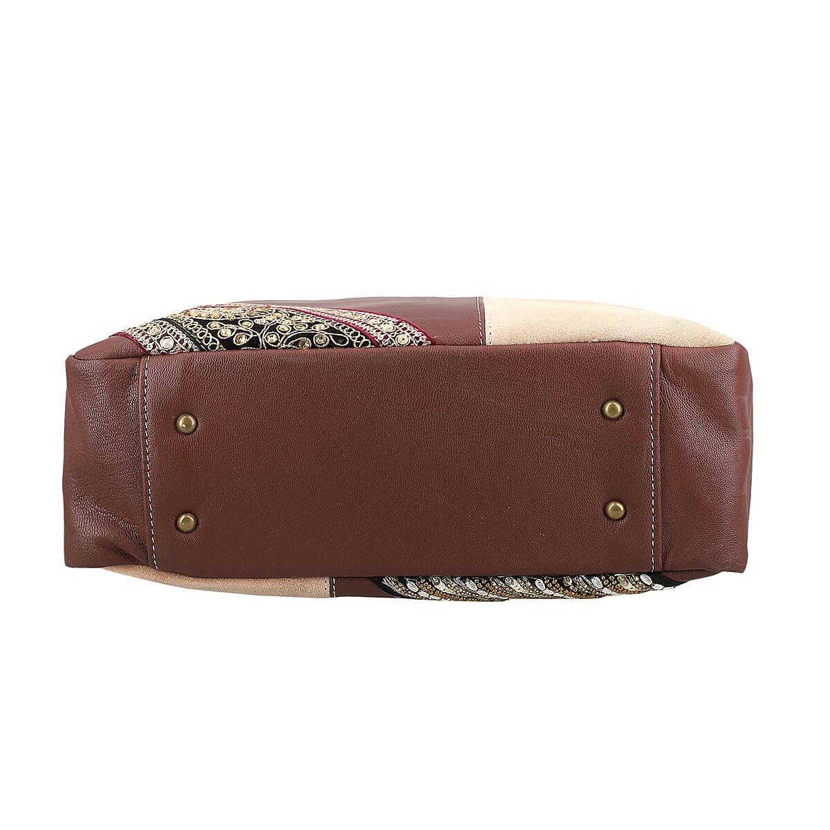 Beige and Mustard Genuine Leather Embellishment Tote Bag image number 6