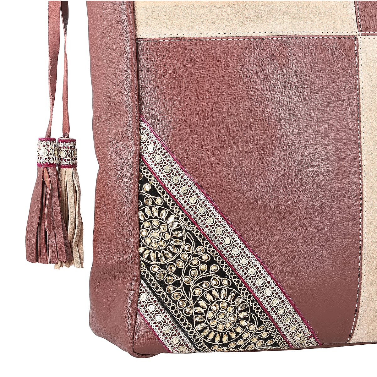 Beige and Mustard Genuine Leather Embellishment Tote Bag image number 7