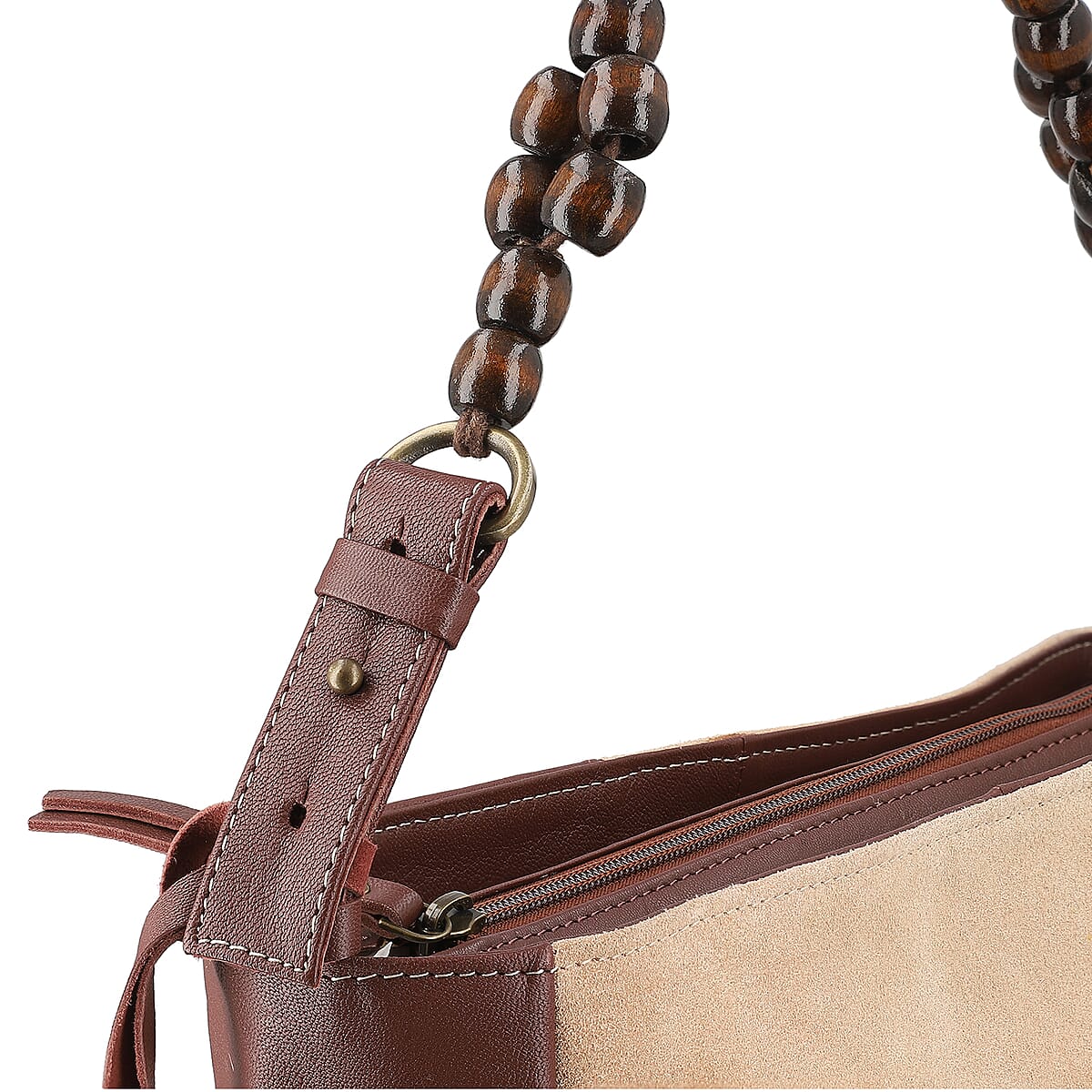 Beige and Mustard Genuine Leather Embellishment Tote Bag image number 9