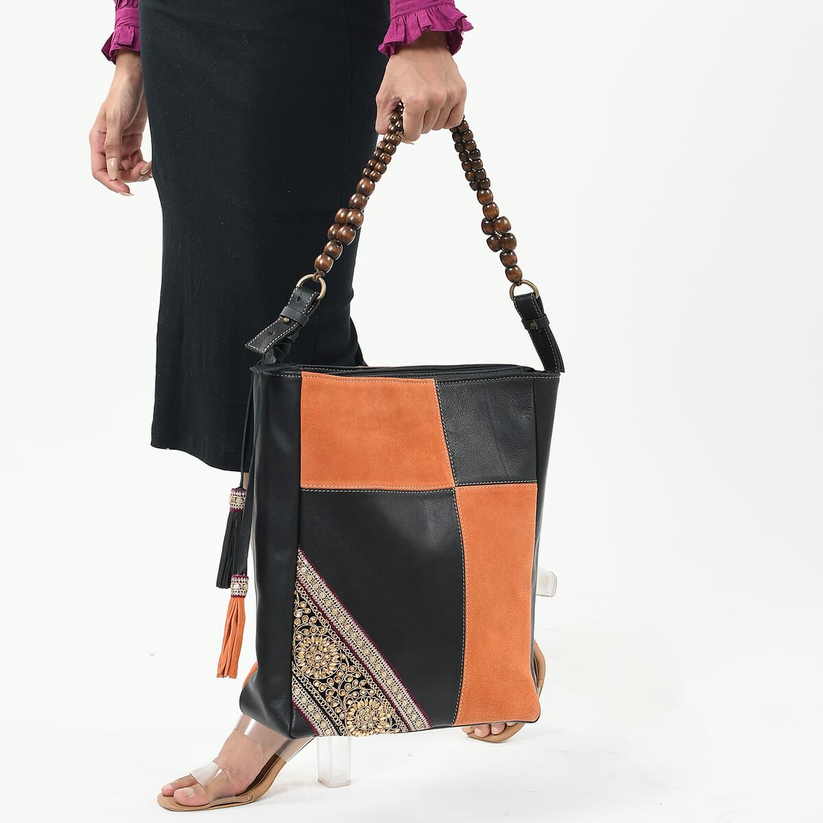 Brown and Dark Tan Genuine Leather Embellishment Tote Bag image number 2