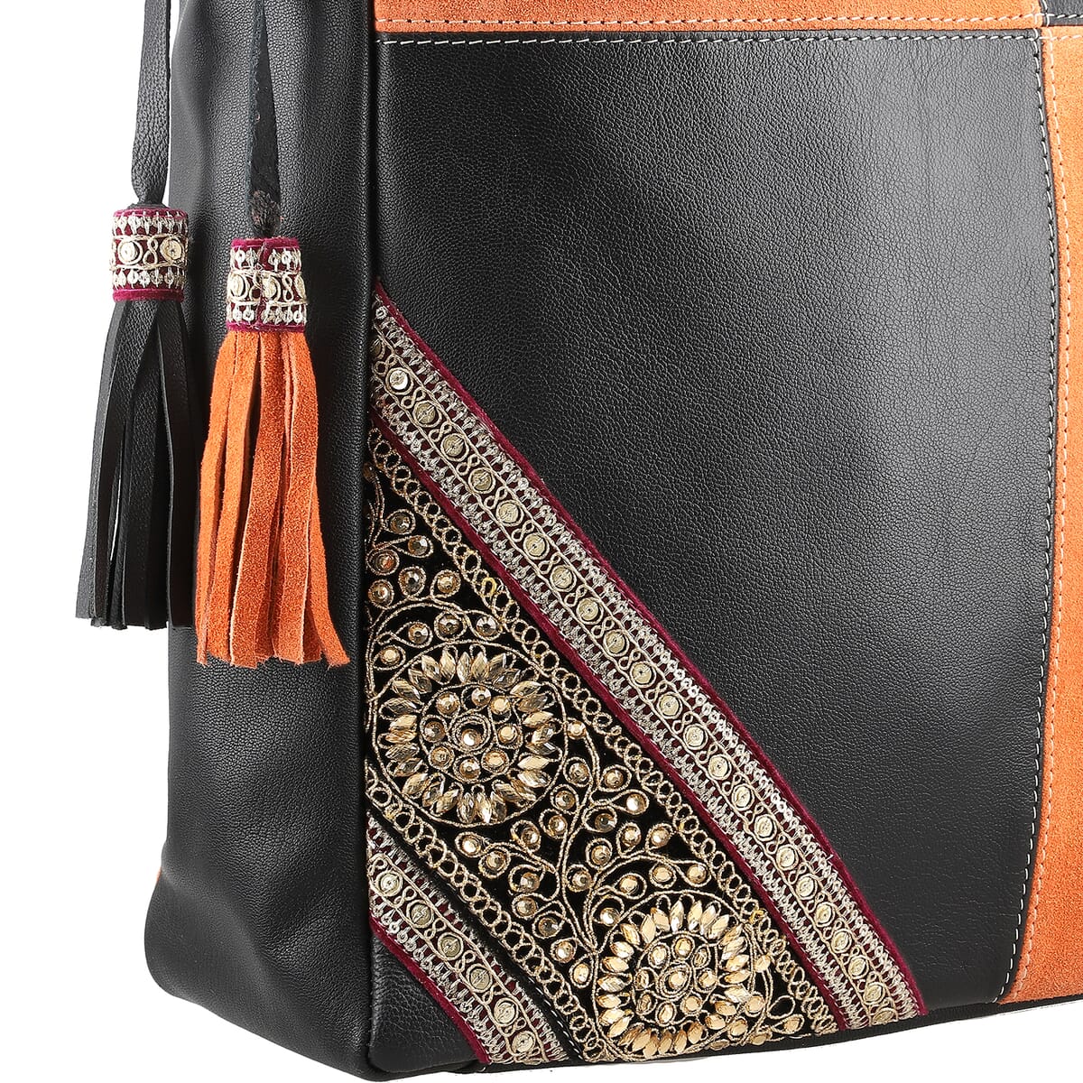Brown and Dark Tan Genuine Leather Embellishment Tote Bag image number 7