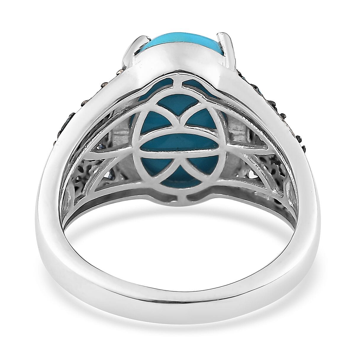 Premium Sleeping Beauty Turquoise and Blue Diamond Ring in Platinum Over Sterling Silver (Size 10.0) 5.75 ctw