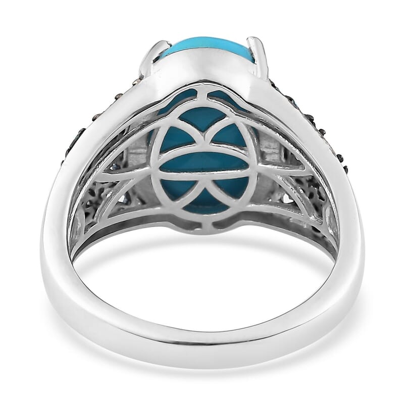Premium Sleeping Beauty Turquoise and Blue Diamond Ring in Platinum Over Sterling Silver (Size 10.0) 5.75 ctw
