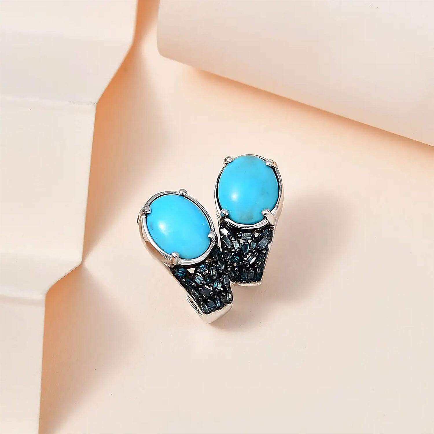 Premium Sleeping Beauty Turquoise and Blue Diamond J-Hoop Earrings in Platinum Over Sterling Silver 4.40 ctw
