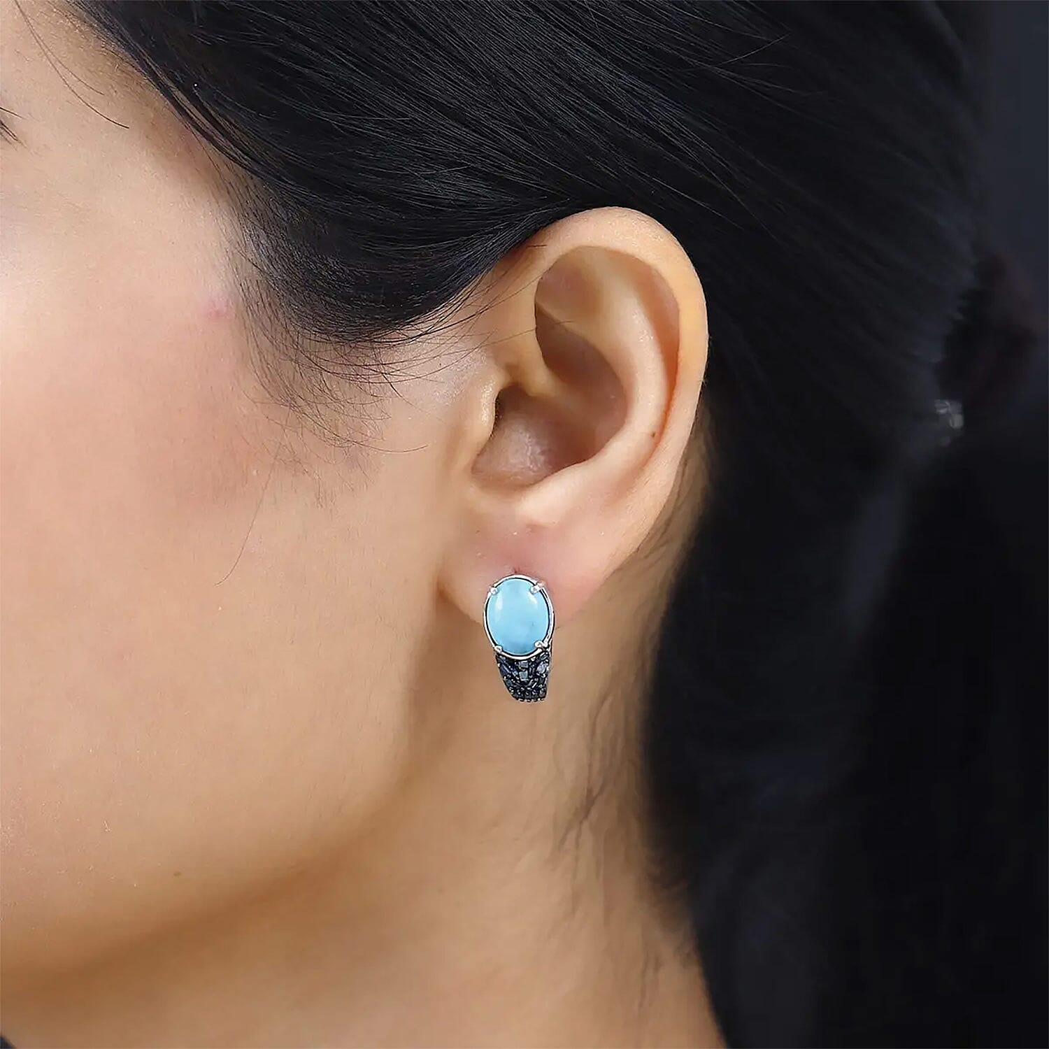 Premium Sleeping Beauty Turquoise and Blue Diamond J-Hoop Earrings in Platinum Over Sterling Silver 4.40 ctw
