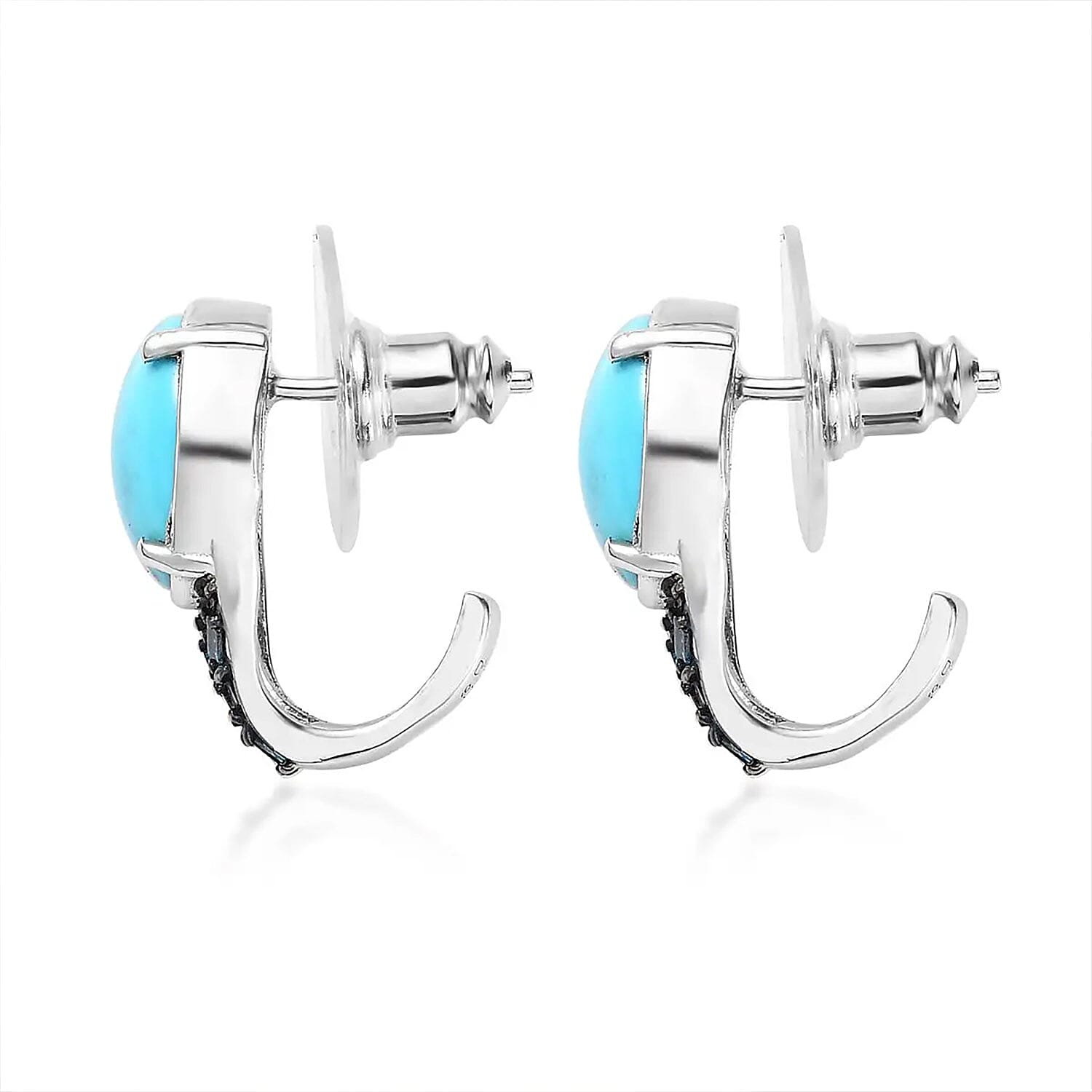 Premium Sleeping Beauty Turquoise and Blue Diamond J-Hoop Earrings in Platinum Over Sterling Silver 4.40 ctw