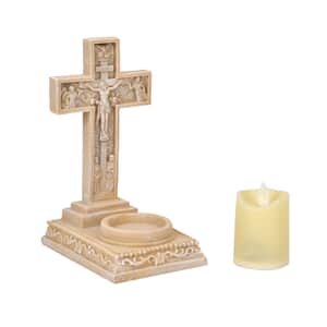 Resin Crucifix Standing Cross Decor with Flameless LED Candle (Powered by CR2032 Lithium Cell Battery)