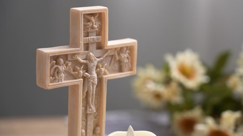 Resin Crucifix Standing Cross Decor with Flameless LED Candle (Powered by CR2032 Lithium Cell Battery) (4.33"x3.93"x8.07")