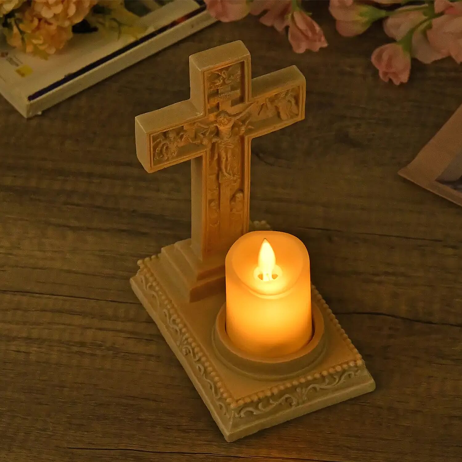 Resin Crucifix Standing Cross Decor with Flameless LED Candle (Powered by CR2032 Lithium Cell Battery)