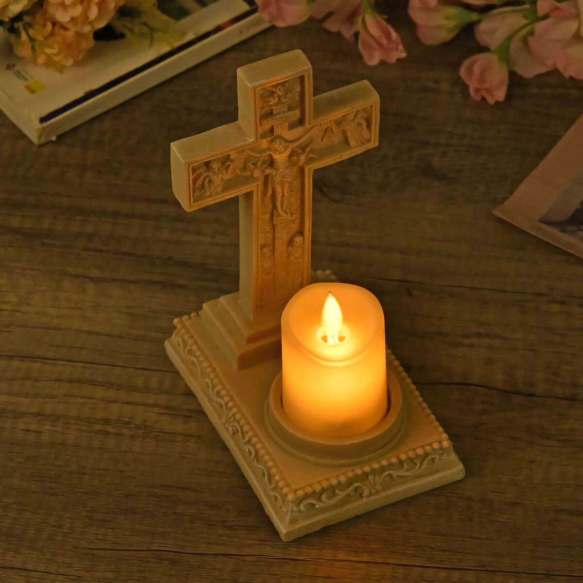 Resin Crucifix Standing Cross Decor with Flameless LED Candle (Powered by CR2032 Lithium Cell Battery) image number 1