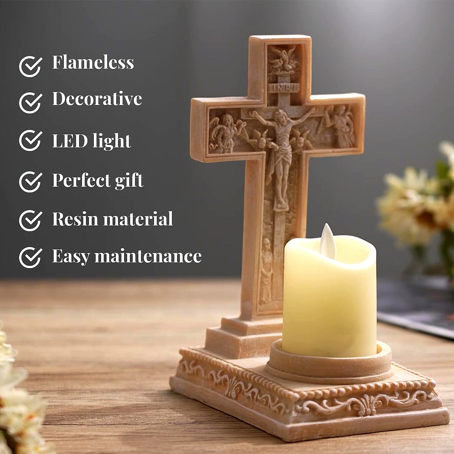 Resin Crucifix Standing Cross Decor with Flameless LED Candle (Powered by CR2032 Lithium Cell Battery)