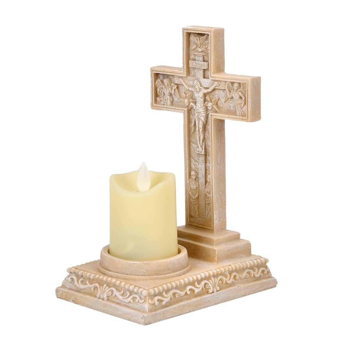 Resin Crucifix Standing Cross Decor with Flameless LED Candle (Powered by CR2032 Lithium Cell Battery) image number 2