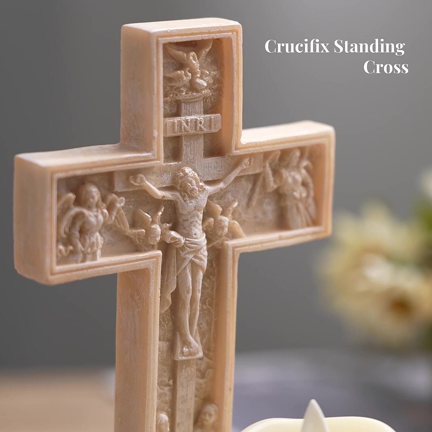 Resin Crucifix Standing Cross Decor with Flameless LED Candle (Powered by CR2032 Lithium Cell Battery)