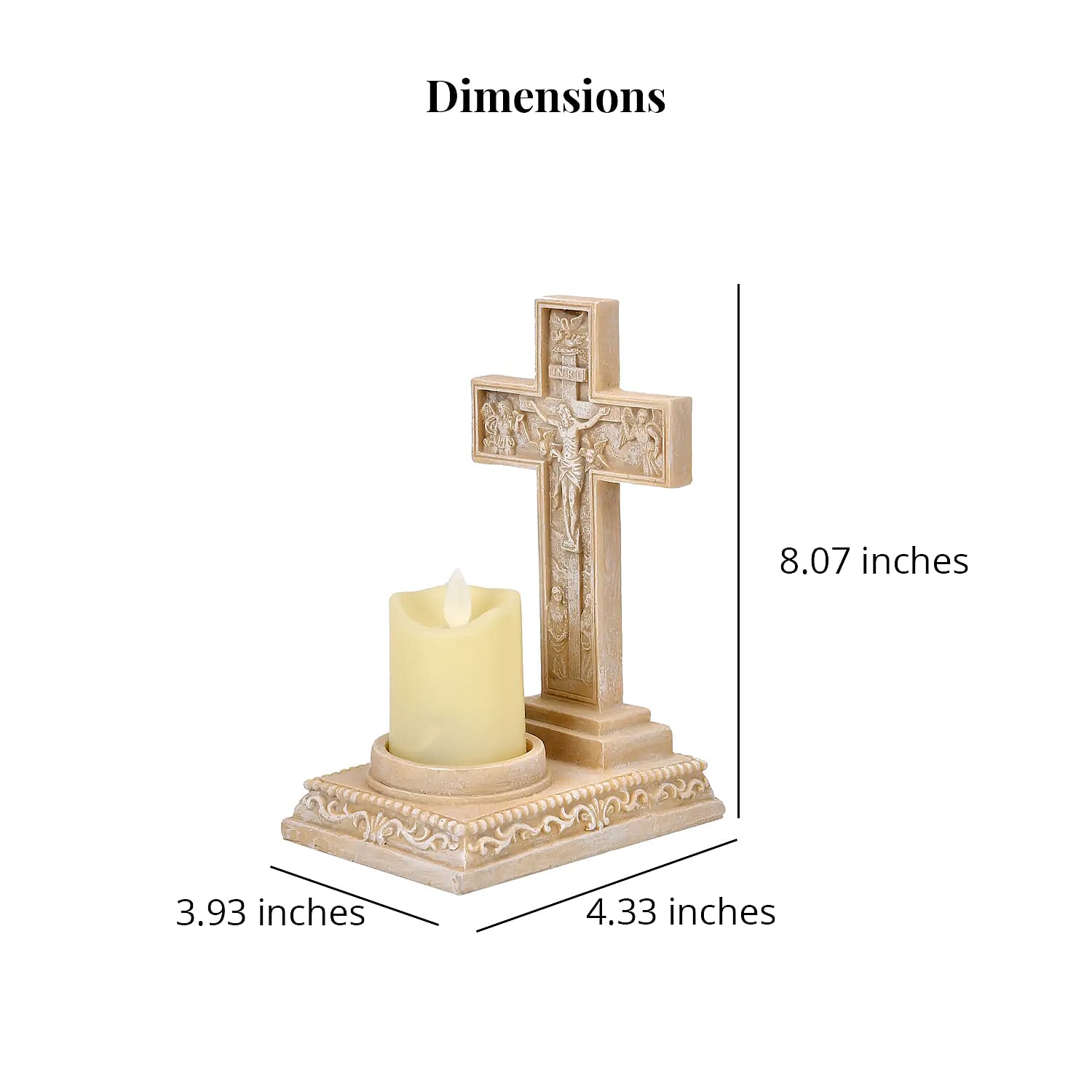 Resin Crucifix Standing Cross Decor with Flameless LED Candle (Powered by CR2032 Lithium Cell Battery)