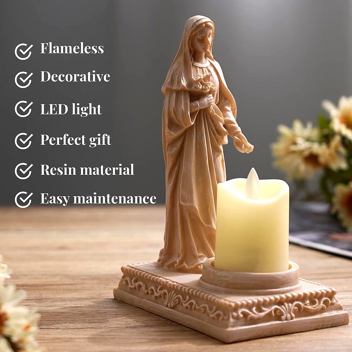 Resin Lady of Lourdes Decor with Flameless LED Candle (Powered by CR2032 Lithium Cell Battery) image number 2