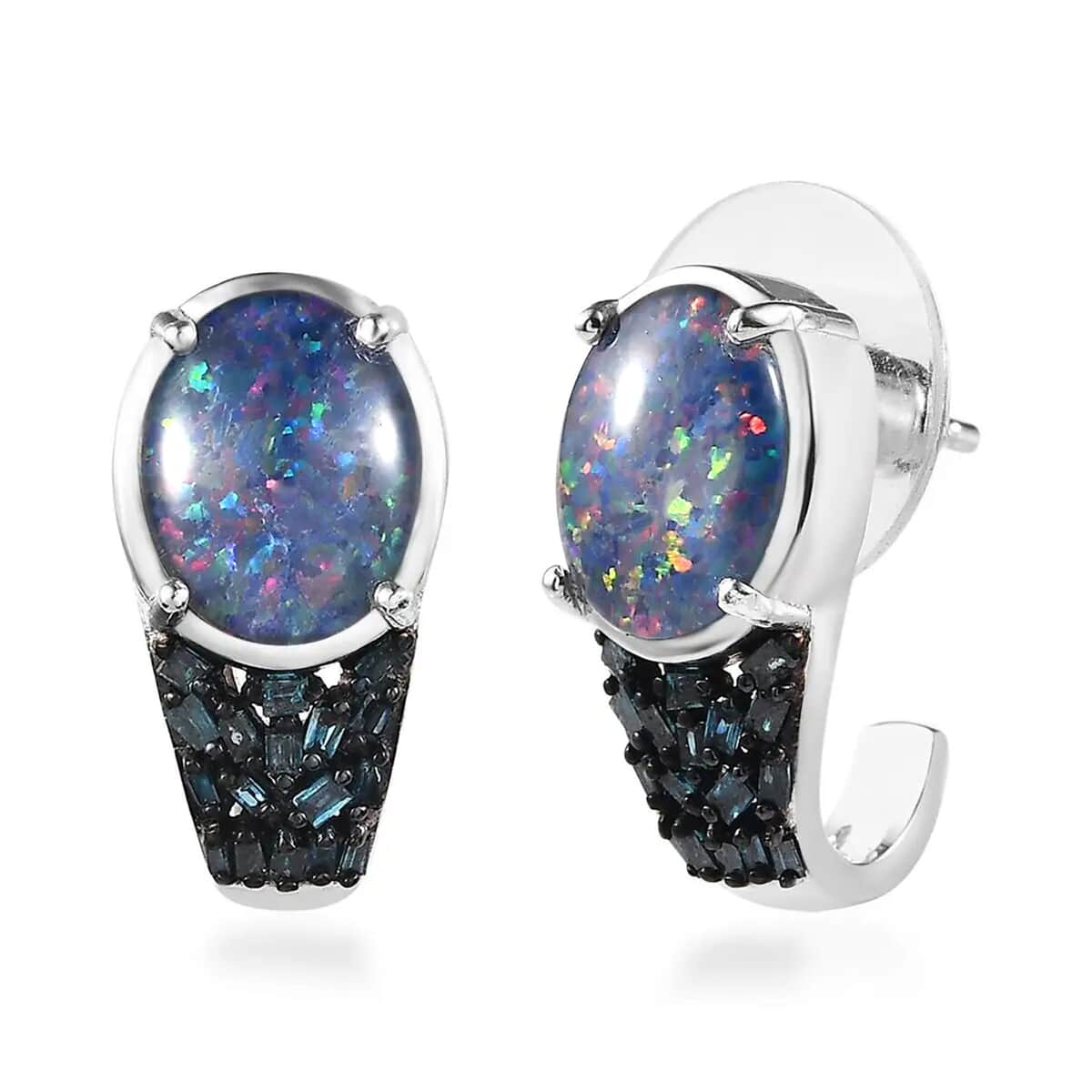 Premium Boulder Opal Triplet and Blue Diamond J-Hoop Earrings in Platinum Over Sterling Silver 3.30 ctw image number 0