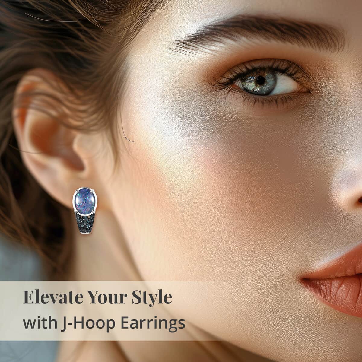 Premium Boulder Opal Triplet and Blue Diamond J-Hoop Earrings in Platinum Over Sterling Silver 3.30 ctw image number 2