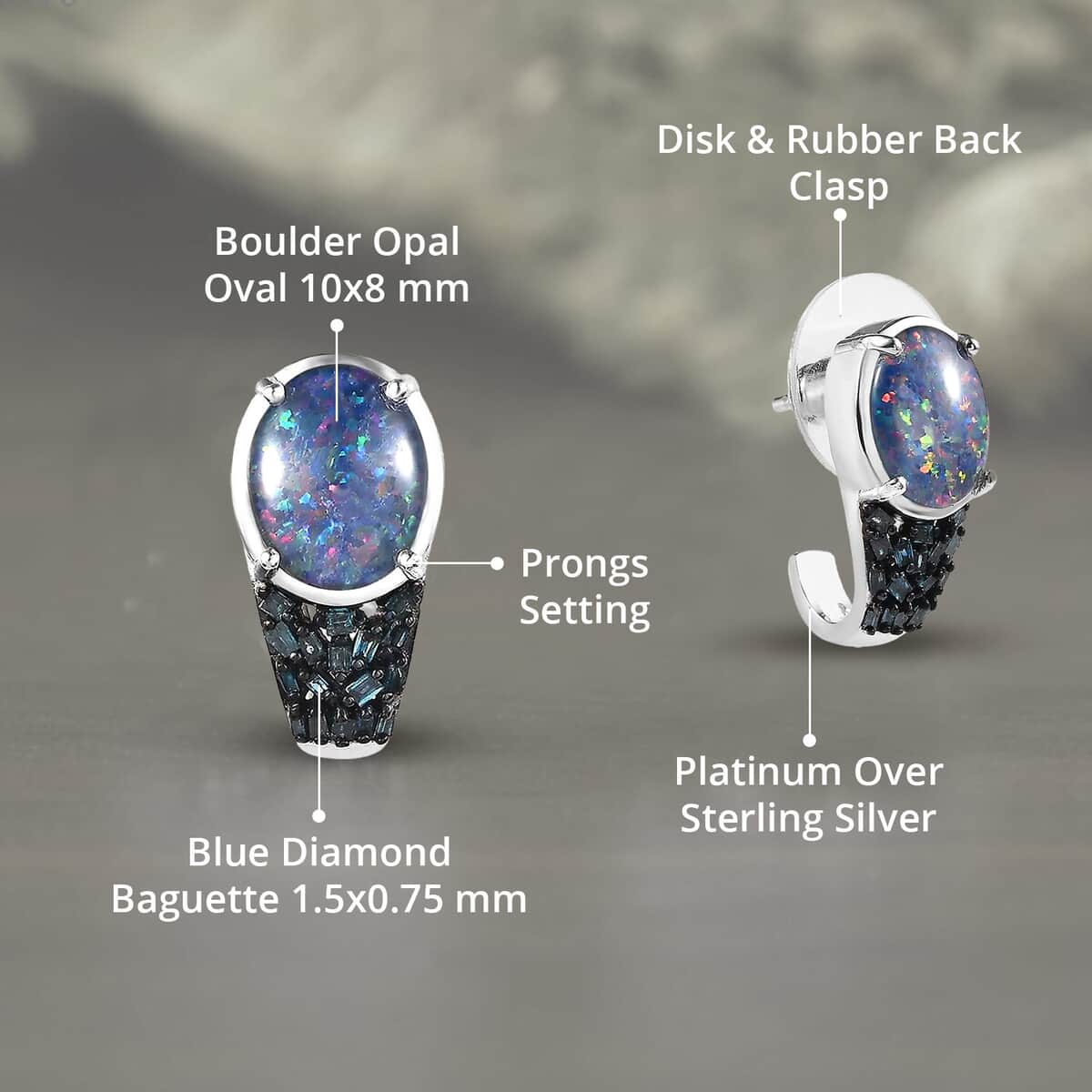 Premium Boulder Opal Triplet and Blue Diamond J-Hoop Earrings in Platinum Over Sterling Silver 3.30 ctw image number 4