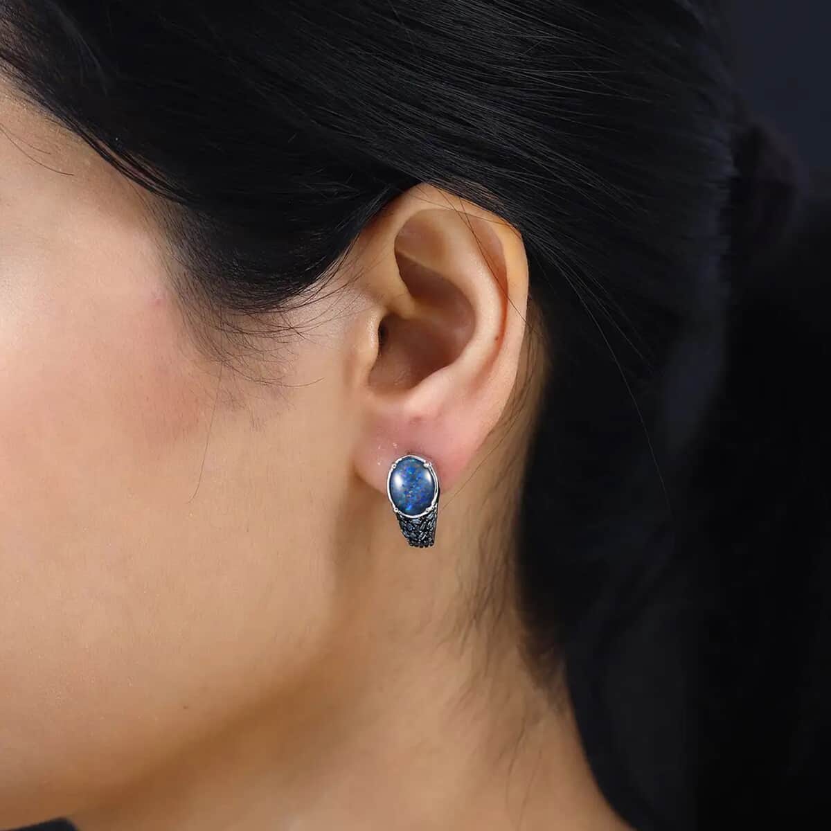 Premium Boulder Opal Triplet and Blue Diamond J-Hoop Earrings in Platinum Over Sterling Silver 3.30 ctw image number 7