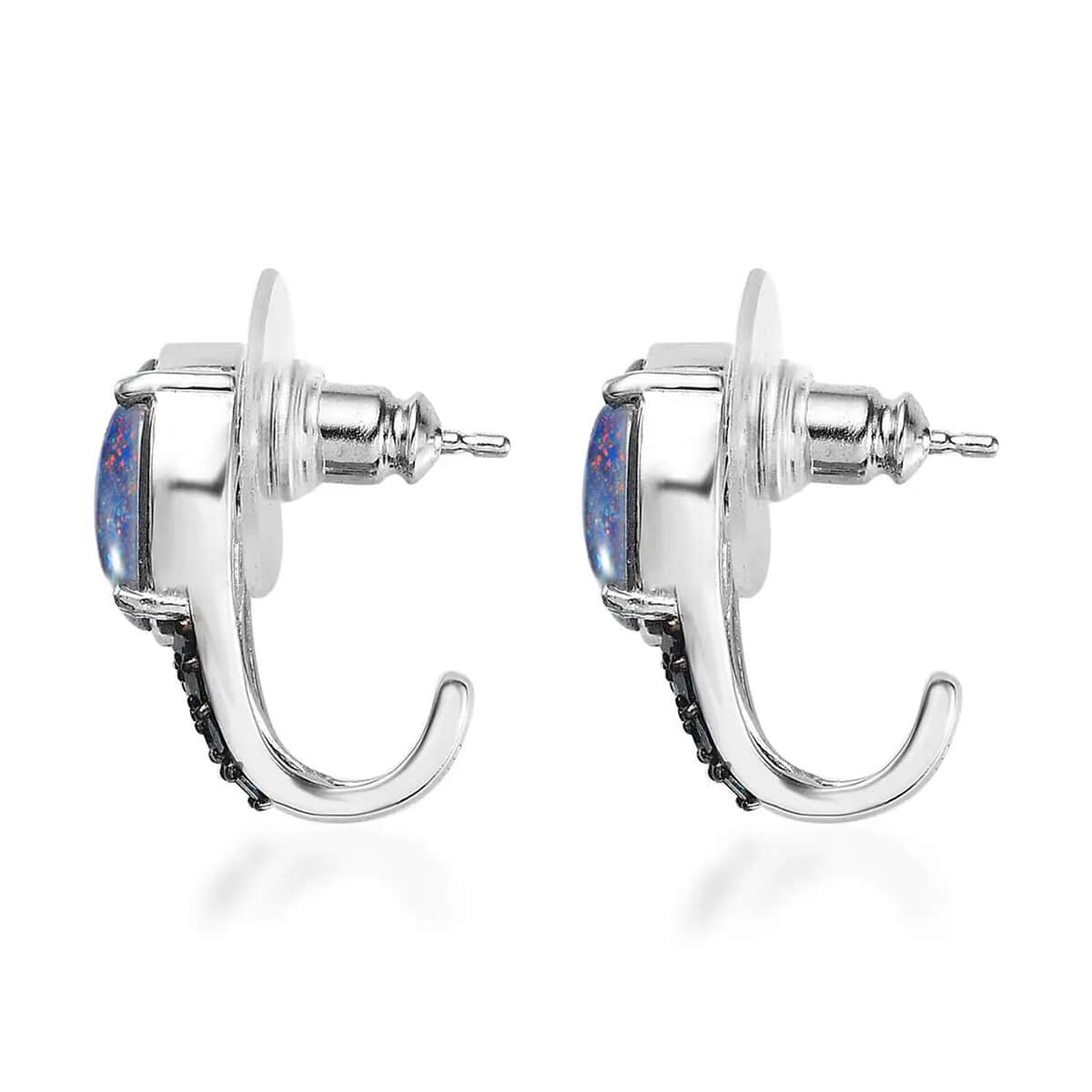 Premium Boulder Opal Triplet and Blue Diamond J-Hoop Earrings in Platinum Over Sterling Silver 3.30 ctw image number 8