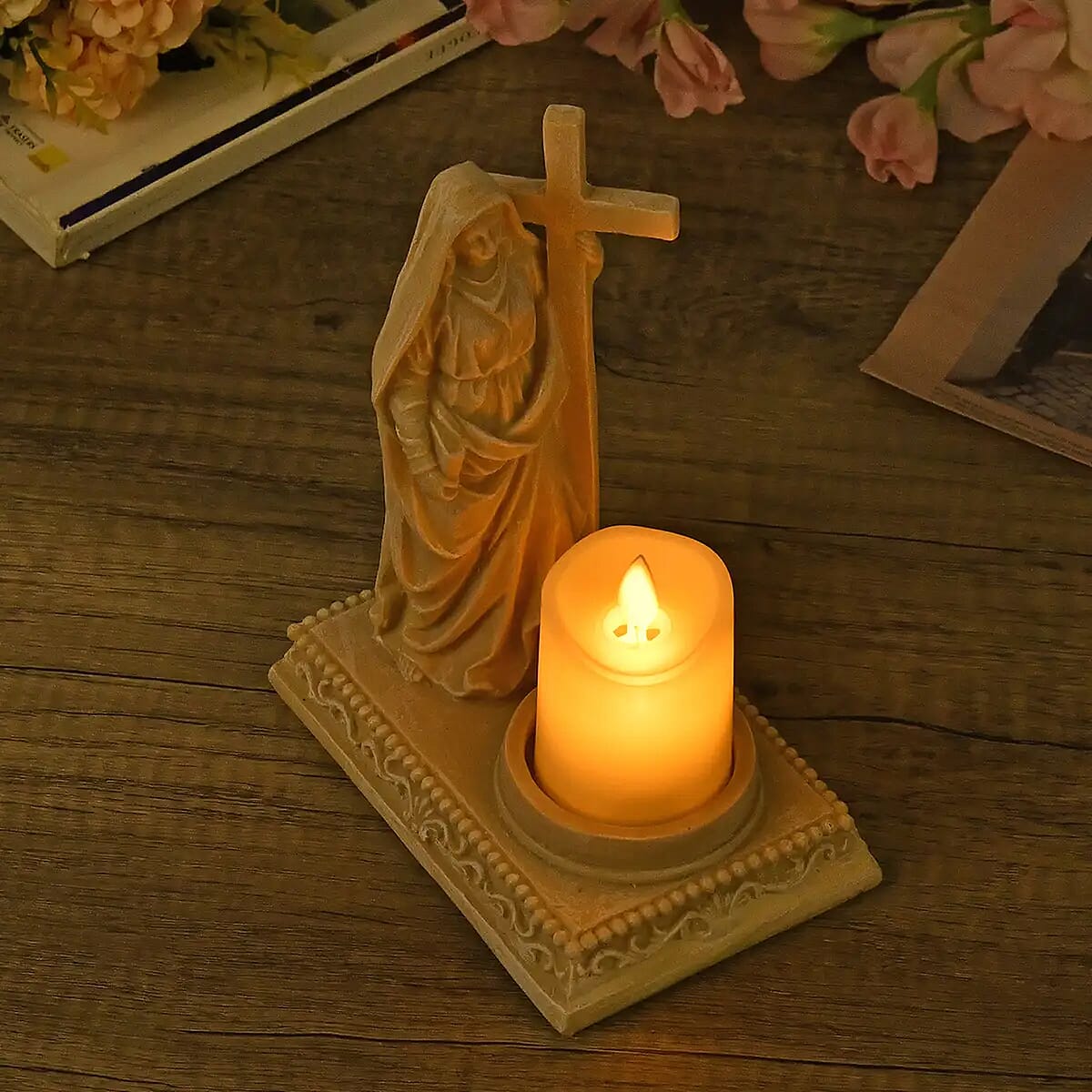 Resin Mother Mary with Cross Decor with Flameless LED Candle (Powered by CR2032 Lithium Cell Battery) image number 1