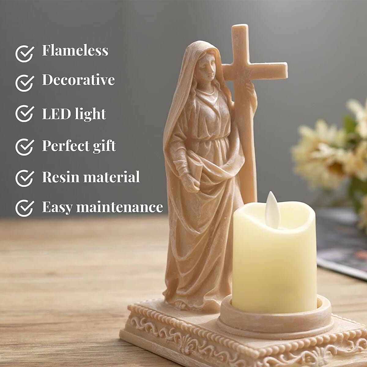 Resin Mother Mary with Cross Decor with Flameless LED Candle (Powered by CR2032 Lithium Cell Battery) image number 2