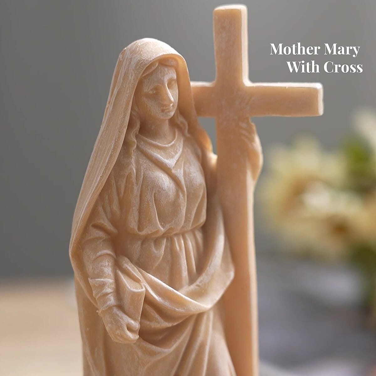 Resin Mother Mary with Cross Decor with Flameless LED Candle (Powered by CR2032 Lithium Cell Battery) image number 3