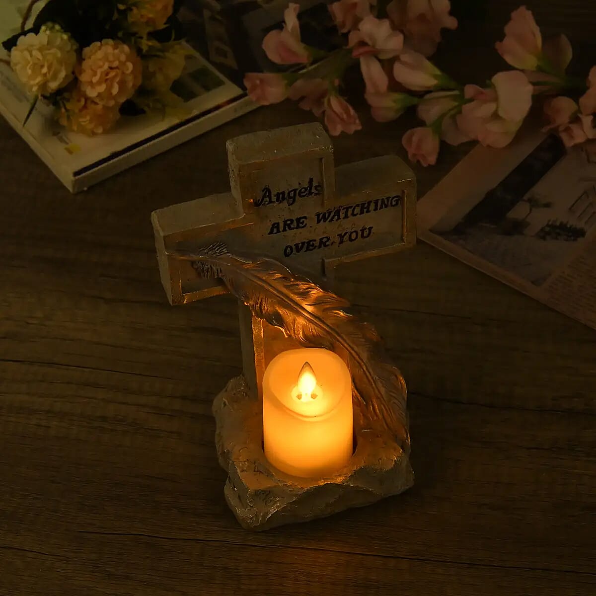 Resin Cross Figurine with Motivational Quotes Decor and Flameless LED Candle (Powered by CR2032 Lithium Cell Battery) image number 1