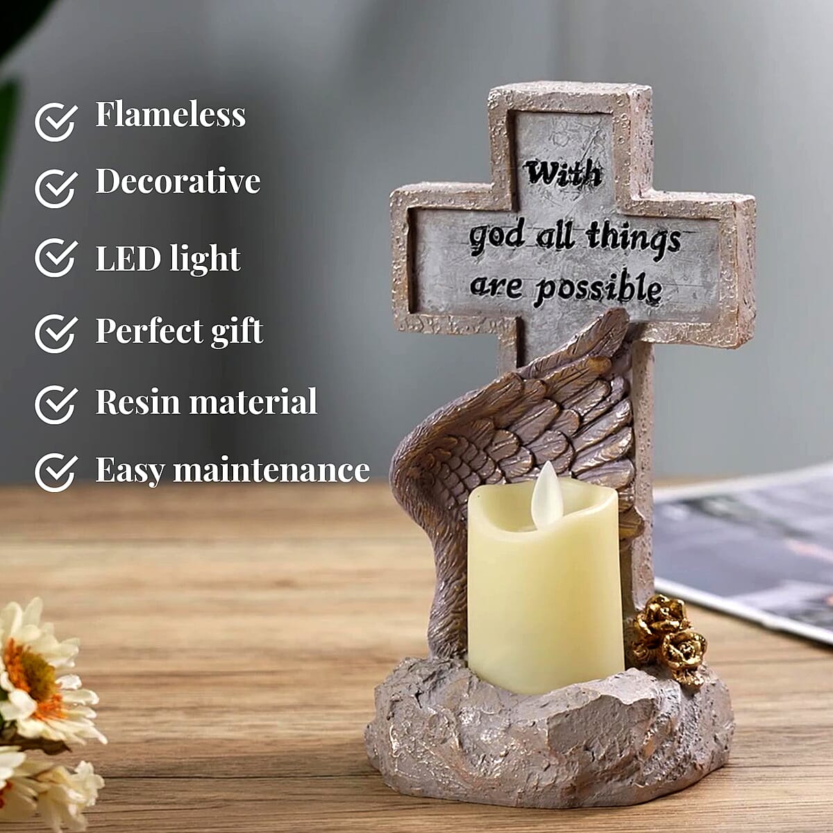 Resin Cross Figurine with Motivational Quotes Decor and Flameless LED Candle (Powered by CR2032 Lithium Cell Battery) image number 2
