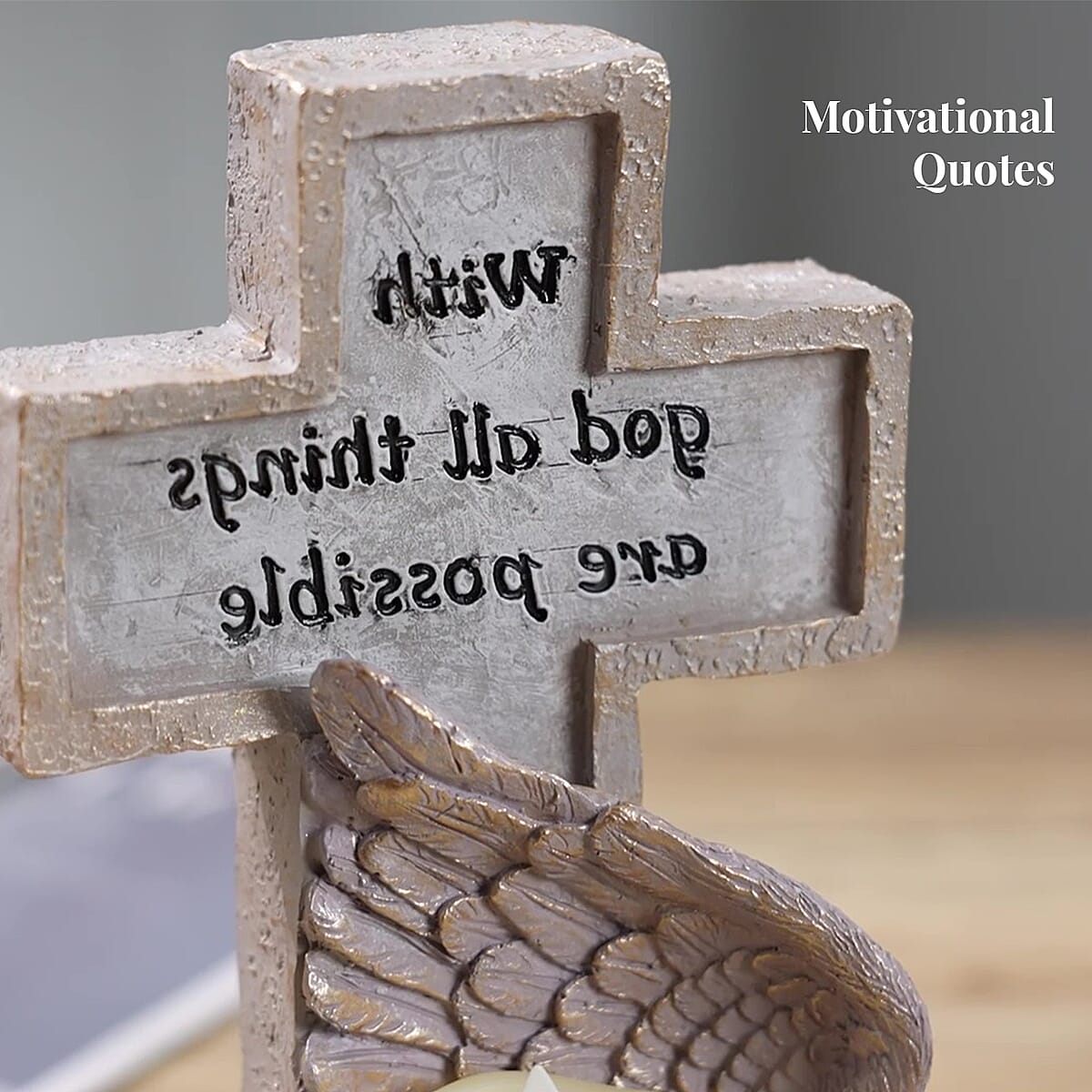 Resin Cross Figurine with Motivational Quotes Decor and Flameless LED Candle (Powered by CR2032 Lithium Cell Battery) image number 3