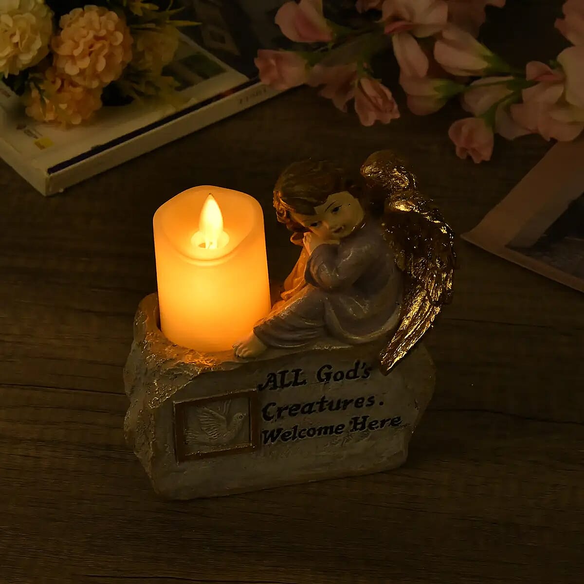 Resin Sitting Baby and Bird Figurine Decor and Flameless LED Candle (Powered by CR2032 Lithium Cell Battery) image number 1
