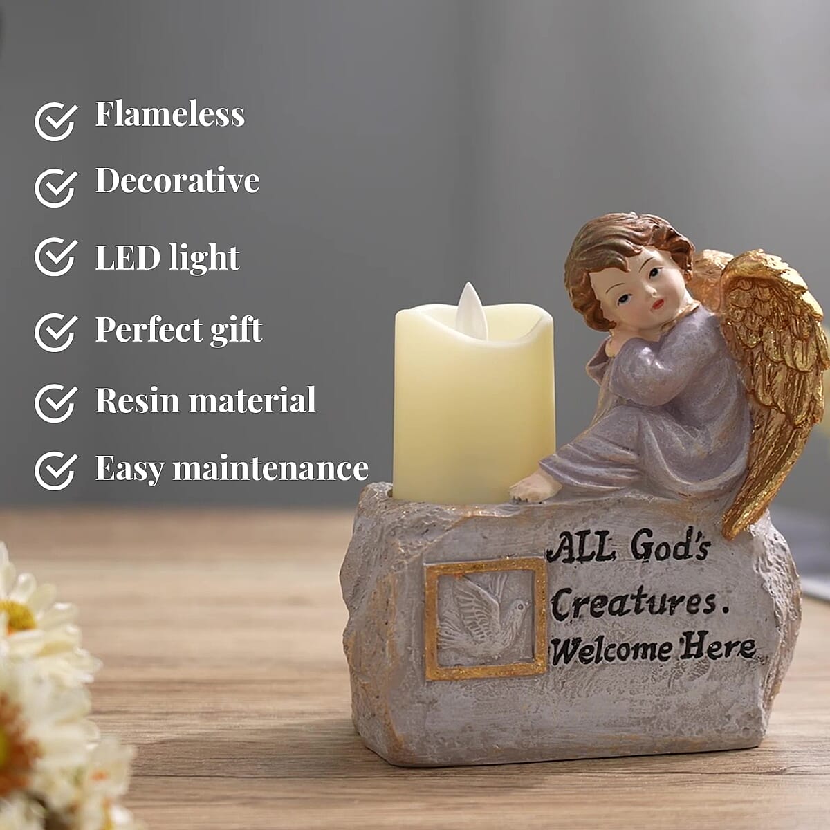 Resin Sitting Baby and Bird Figurine Decor and Flameless LED Candle (Powered by CR2032 Lithium Cell Battery) image number 2